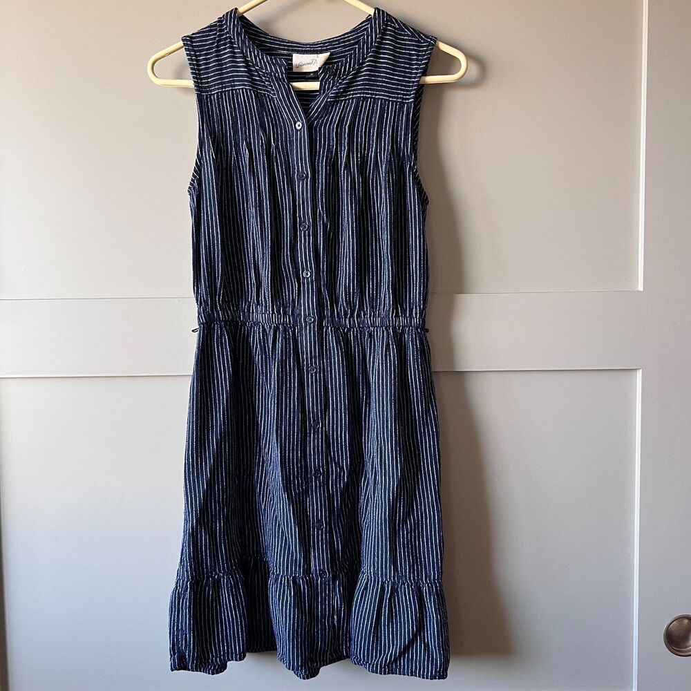 Universal Thread Linen Blend Dress Women XS Navy Blue Striped Button Up‎ Preppy